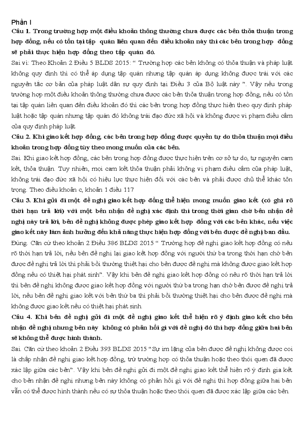 Nhận Định Luật Hợp Đồng - Tham Khảo Câu Hỏi BLDS 2015 - Document Preview