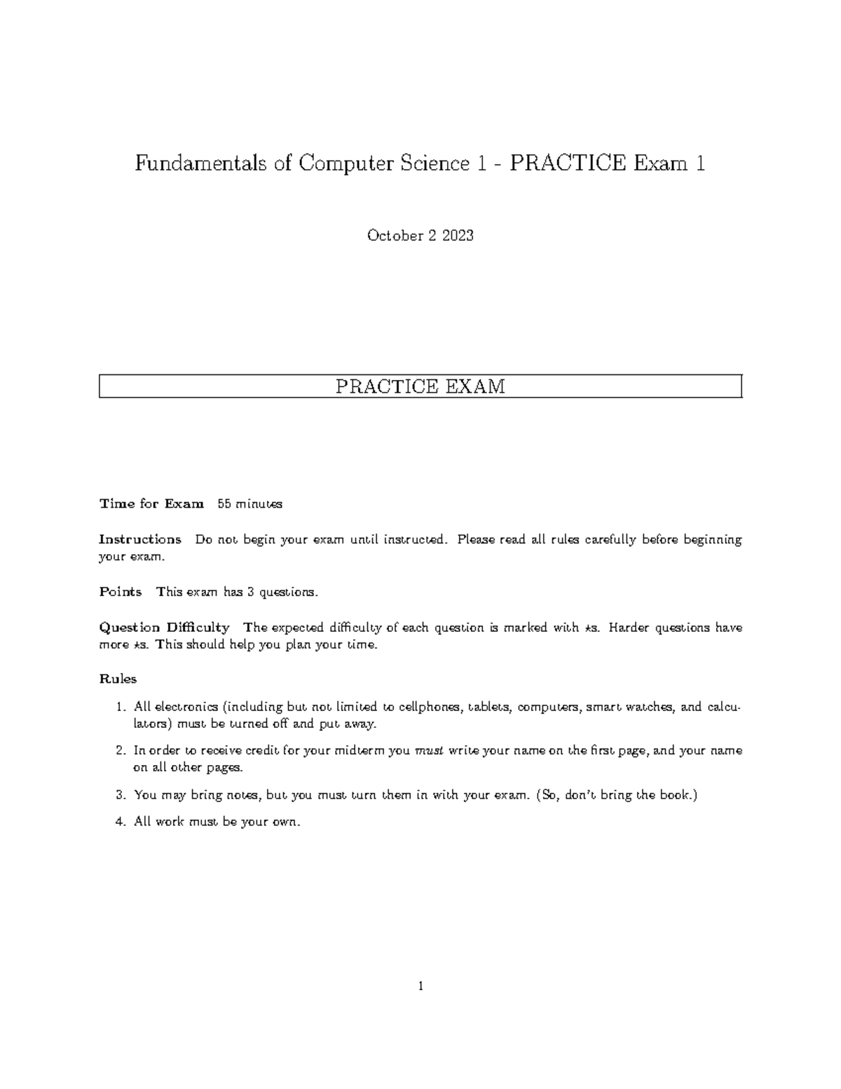 CS2500 Fundamentals of Computer Science 1 PRACTICE Exam 1 Guide - Studocu