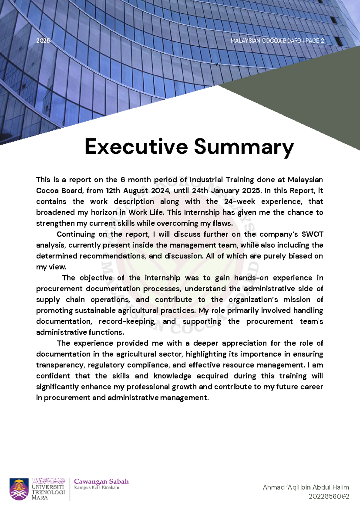 internship report - Executive Summary This is a report on the 6 month ...