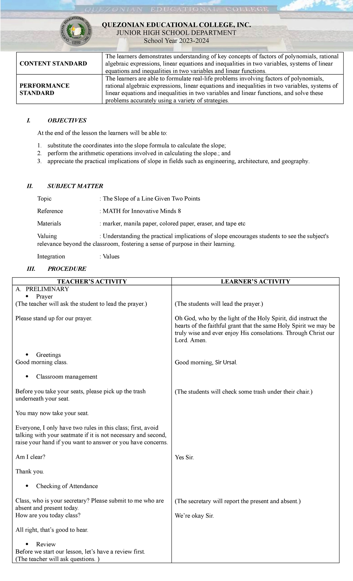 (3) The Slope of a Line Given Two Points - JUNIOR HIGH SCHOOL ...