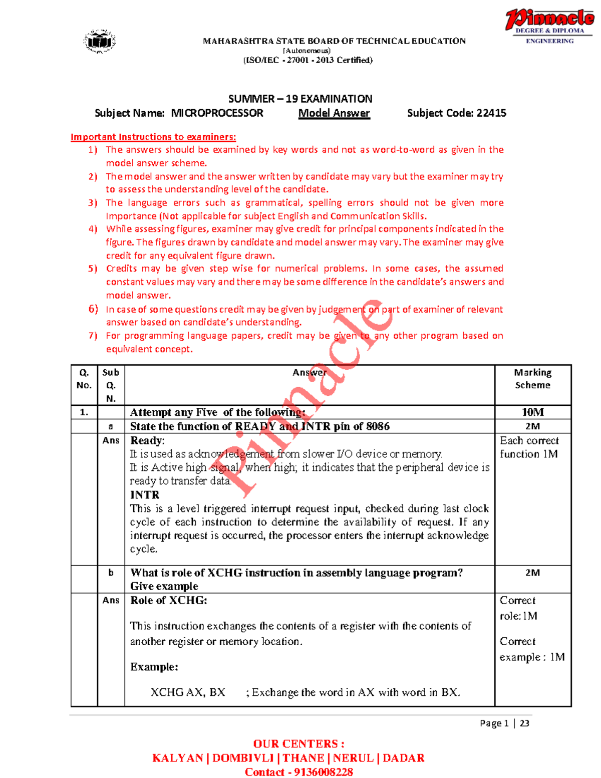 MIC 22415 Summer 2019 Model Answer Paper for Microprocessor Exam - Studocu