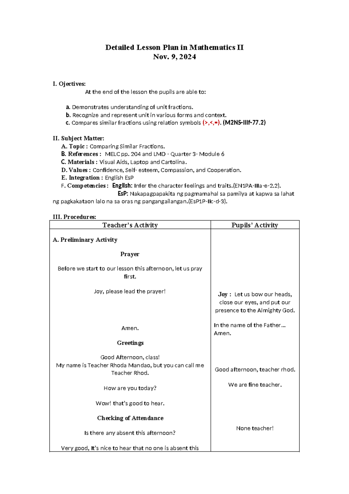Detailed Lesson Plan in Mathematics II - 9, 2024 I. Ojectives: At the ...