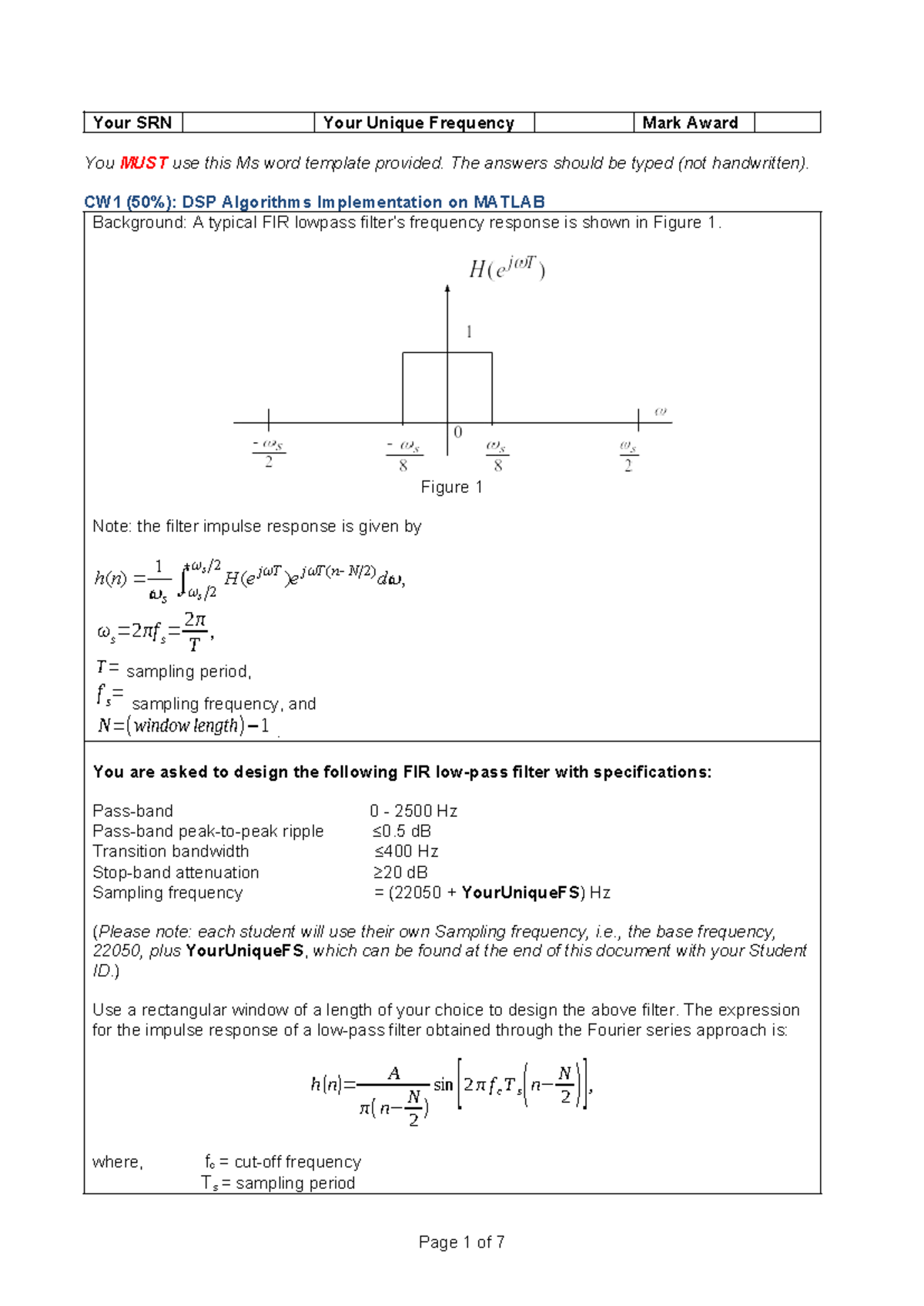 7ENT2082-CW1 - DSP Algorithms Implementation on MATLAB (2024-2025 ...