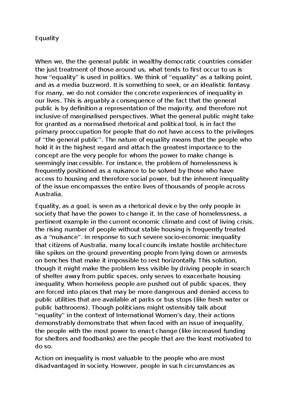 Equality - Practice Essay on Homelessness and Social Inequality - Studocu