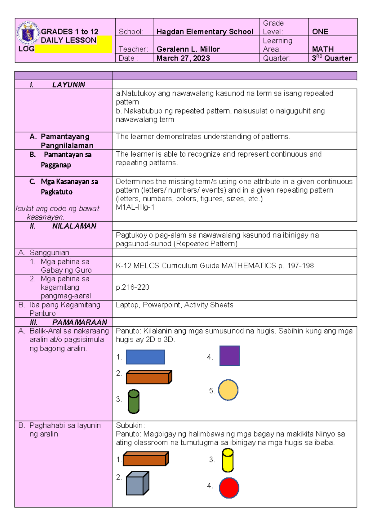 M1AL-IIIg - Daily Lesson Log for Grade 1 Math Patterns - Studocu