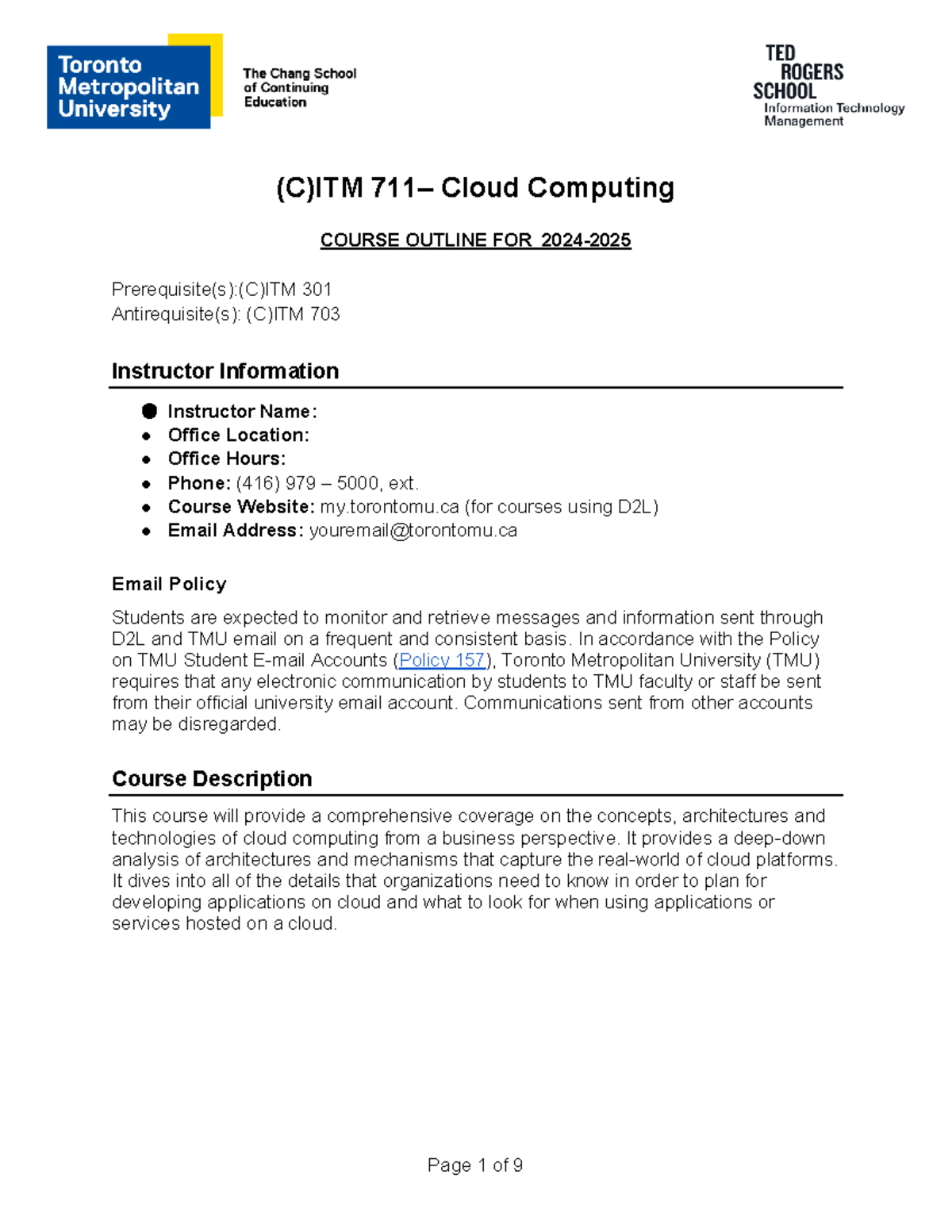 ITM 711 - 2024-2025 - Course Outline - (C)ITM 711– Cloud Computing ...