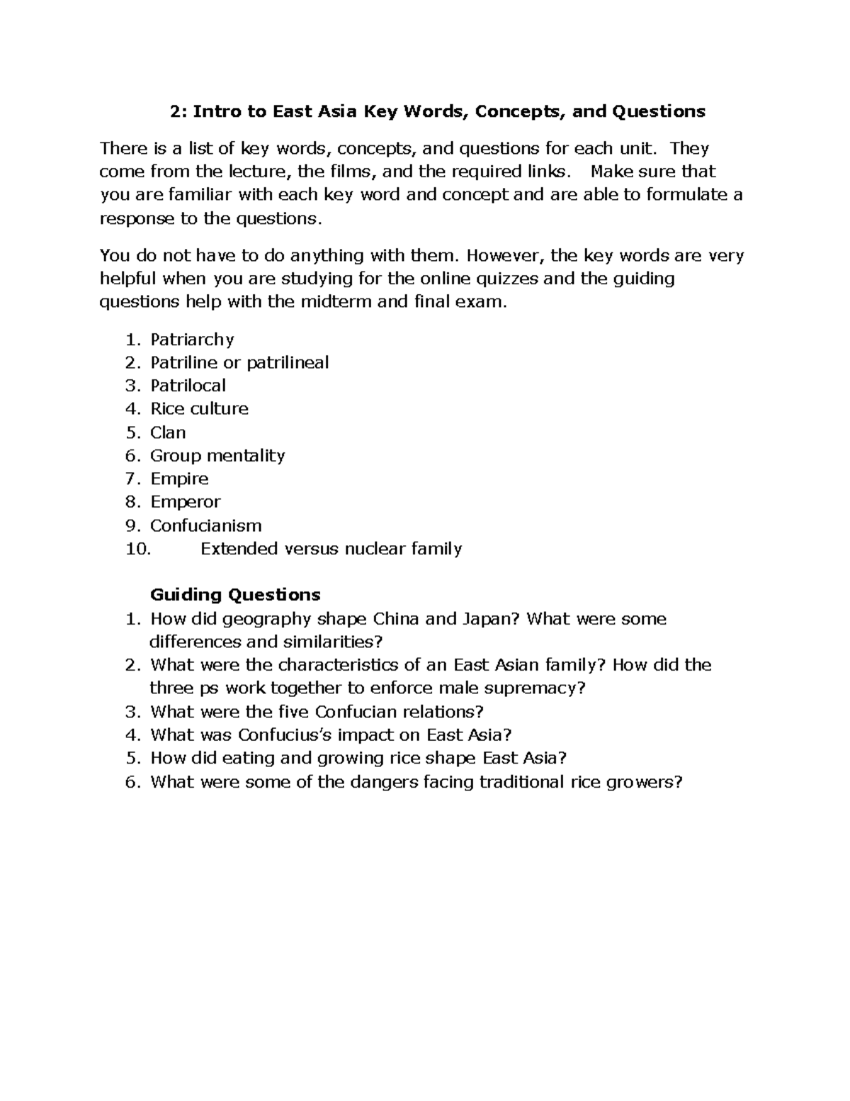 2: Intro to East Asia Key Terms & Questions for Quizzes and Exams - Studocu