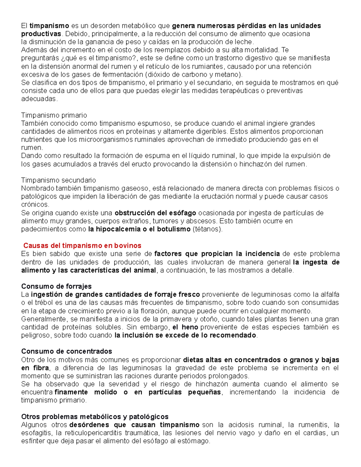 Timpanismo en Bovinos: Prevención, Causas y Tratamiento - Studocu