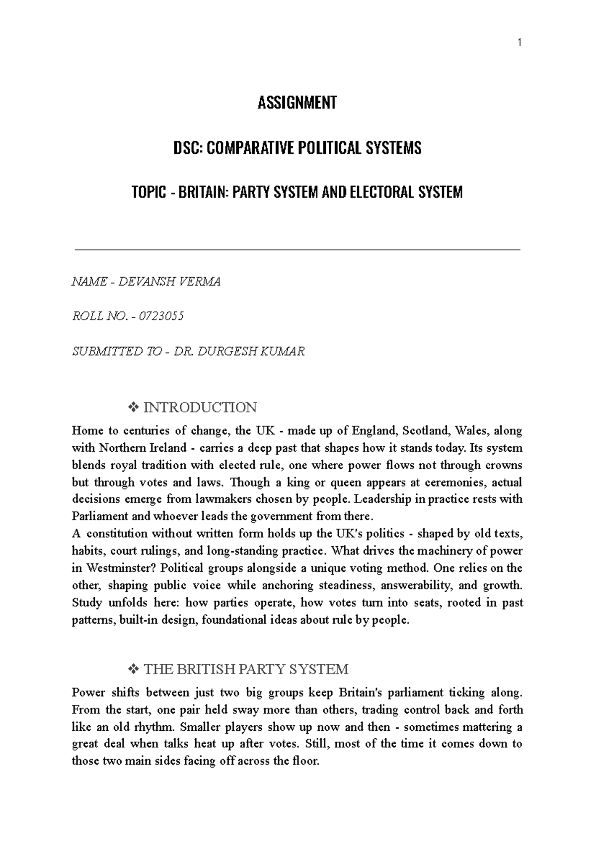 CPS: Britain Party & Electoral Systems - Assignment Overview - Studocu