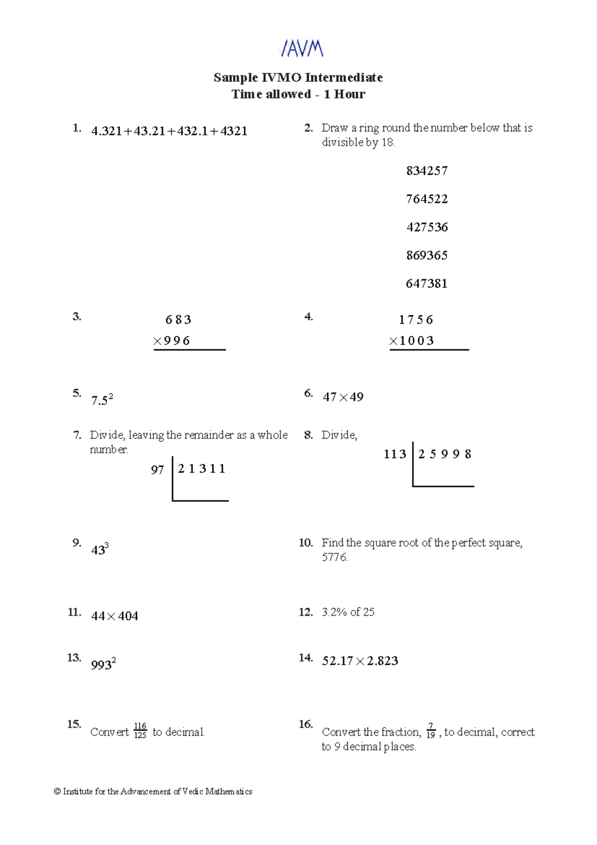 IVMO Intermediate Exam Sample: Math Problems & Solutions - Studocu