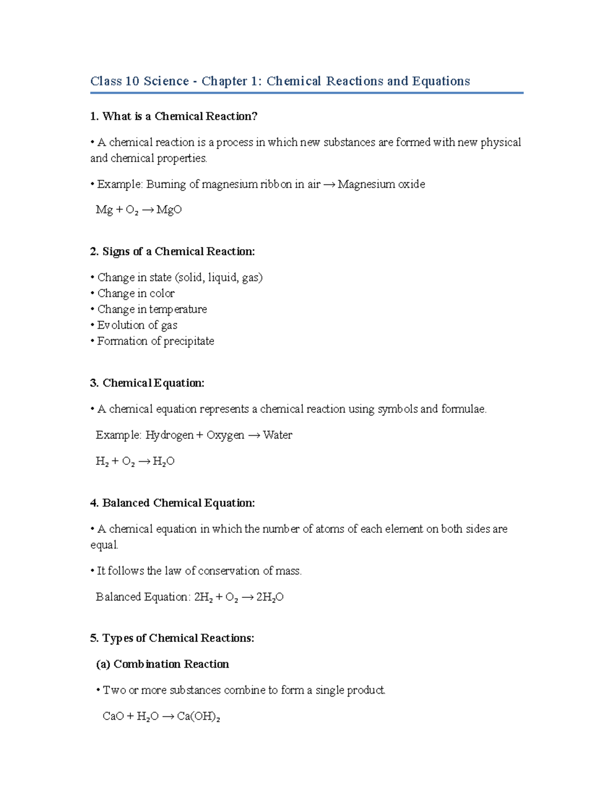 Class 10 Science Chapter 1: Chemical Reactions & Equations Notes - Studocu
