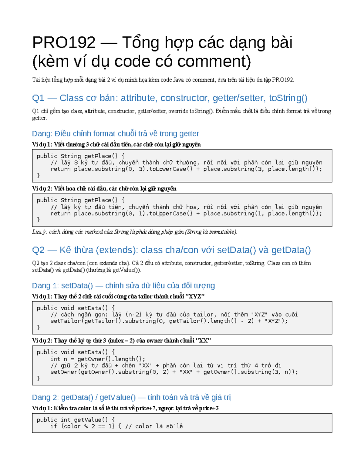 PRO192 Tổng hợp các dạng bài Java với ví dụ minh họa - Studocu