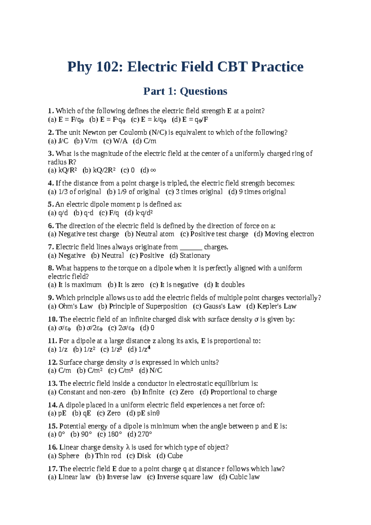 Phy 102: Electric Field Practice Questions and Answers - Studocu
