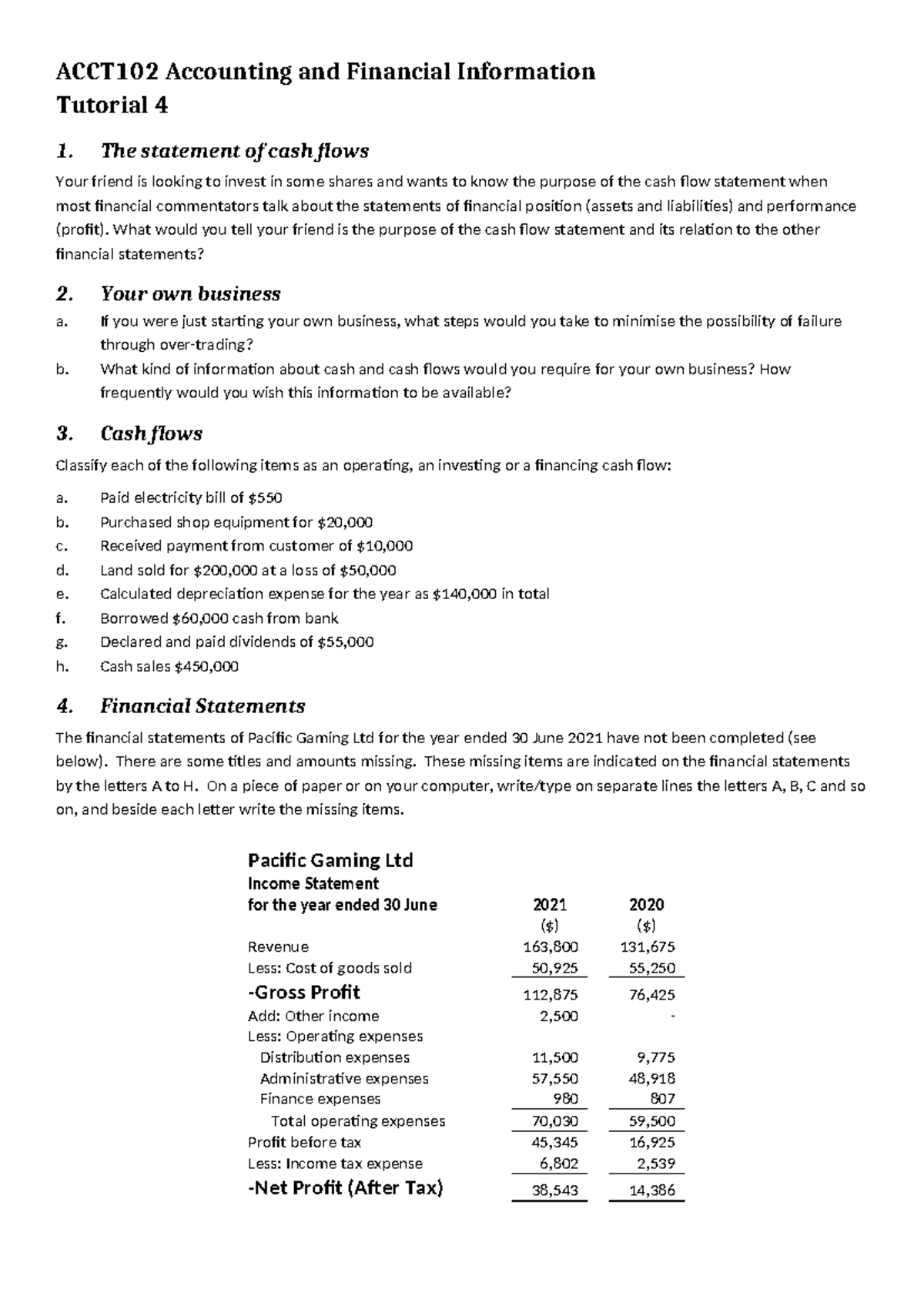 Tutorial 4 2024 - Questions - ACCT102 Accounting and Financial ...