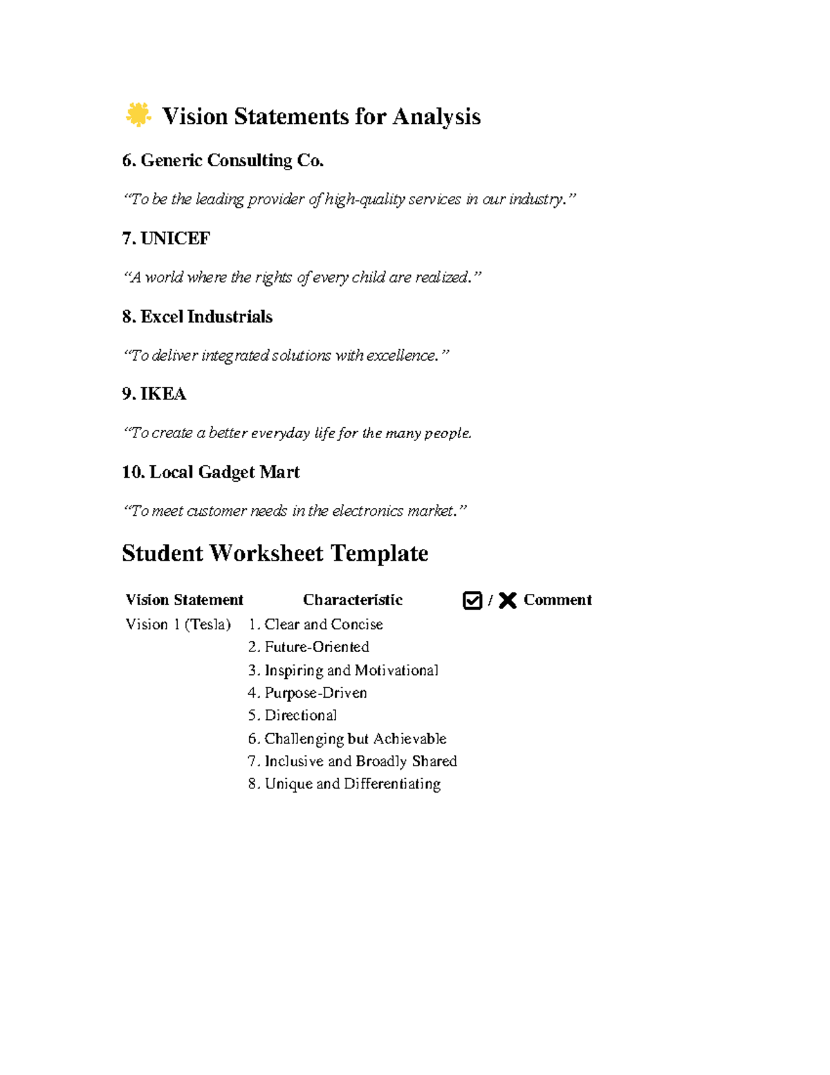 🌟 Vision Statements for Analysis - Vision Statements for Analysis 6 ...