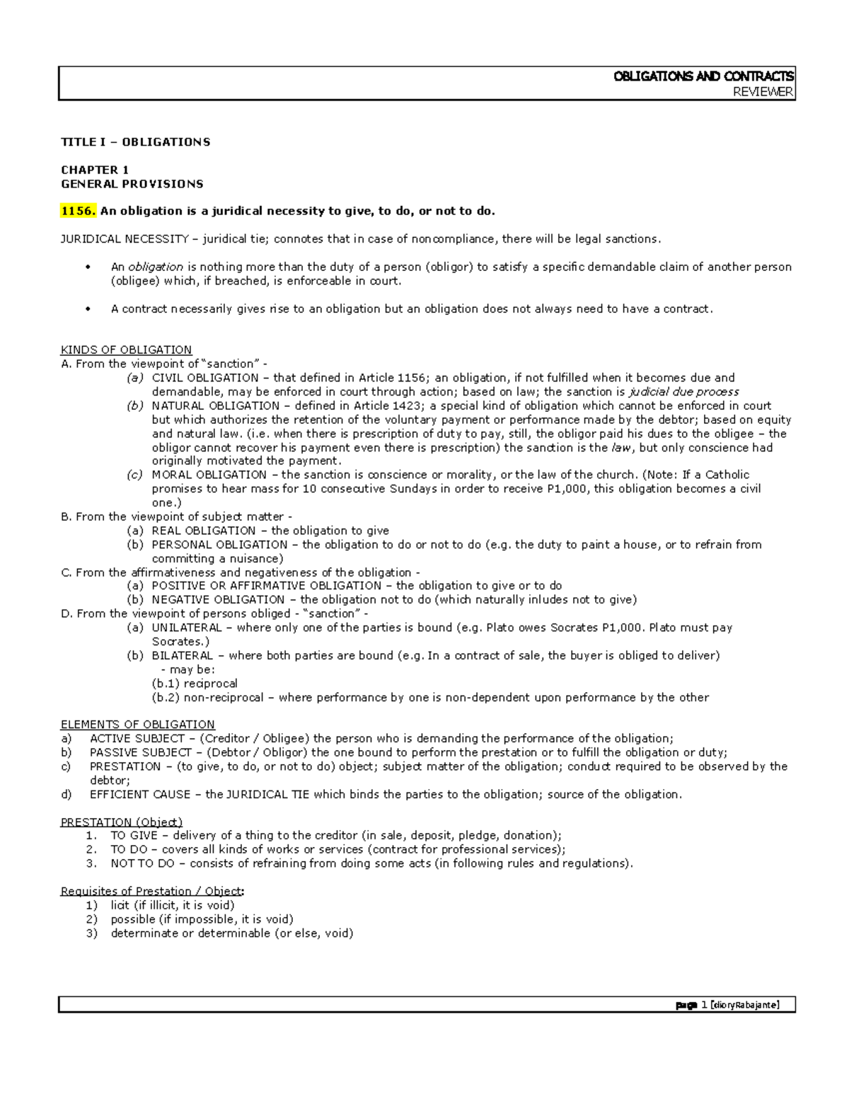 LAW-1-Obligations Reviewer: Key Concepts and Legal Principles - Studocu