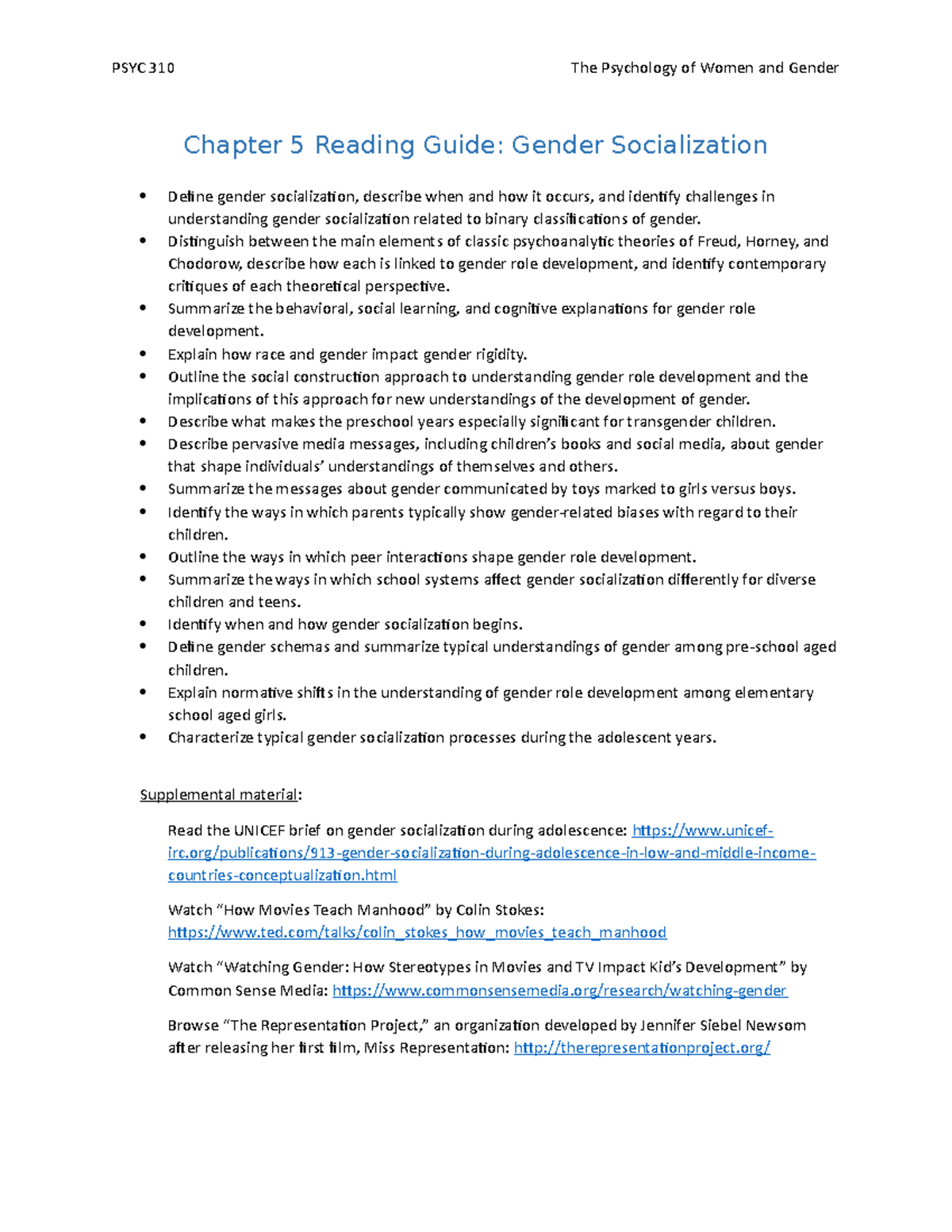 Chapter 5 - PSYC 310 Gender Socialization and Role Development Insights ...