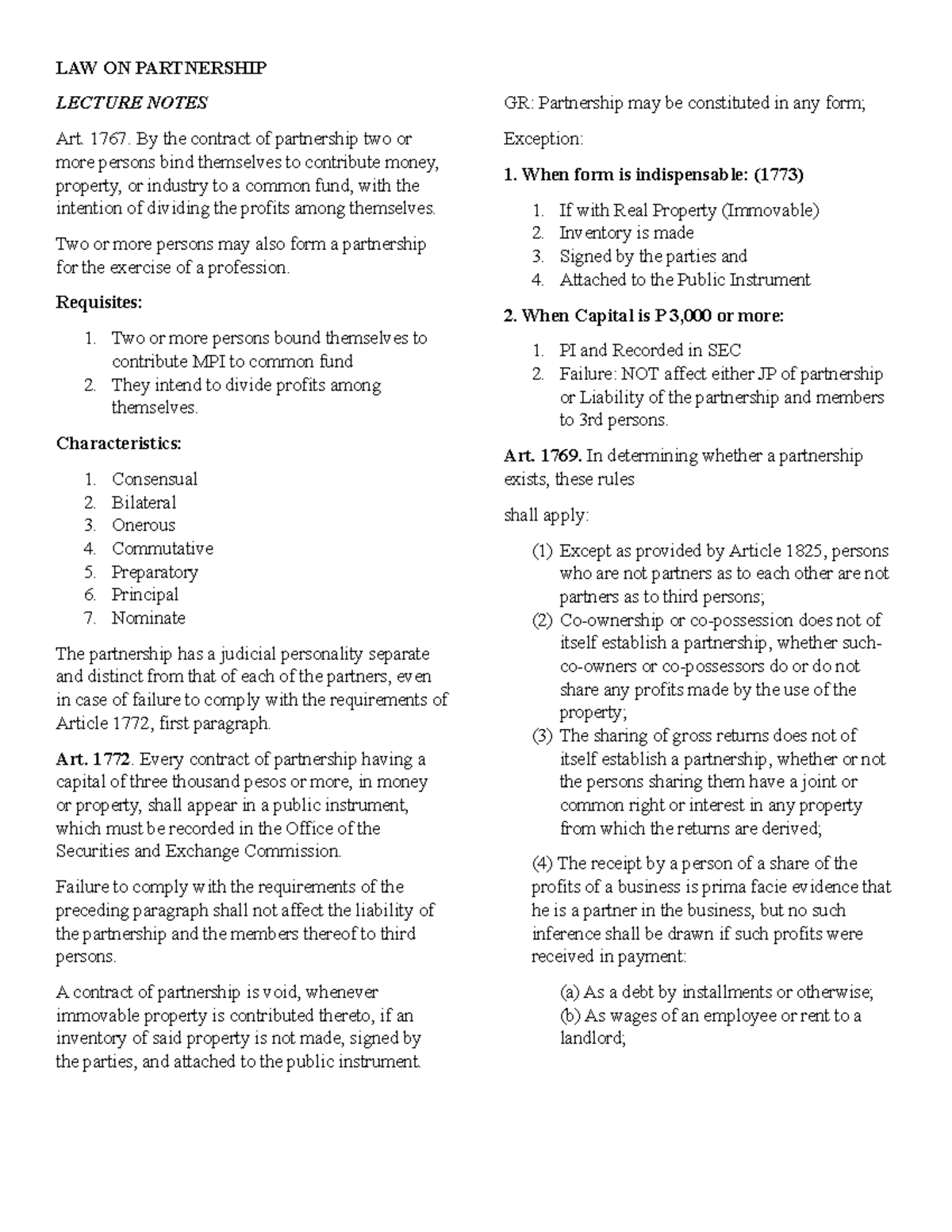 LAW ON PARTNERSHIP LECTURE NOTES GR: Key Concepts and Provisions - Studocu