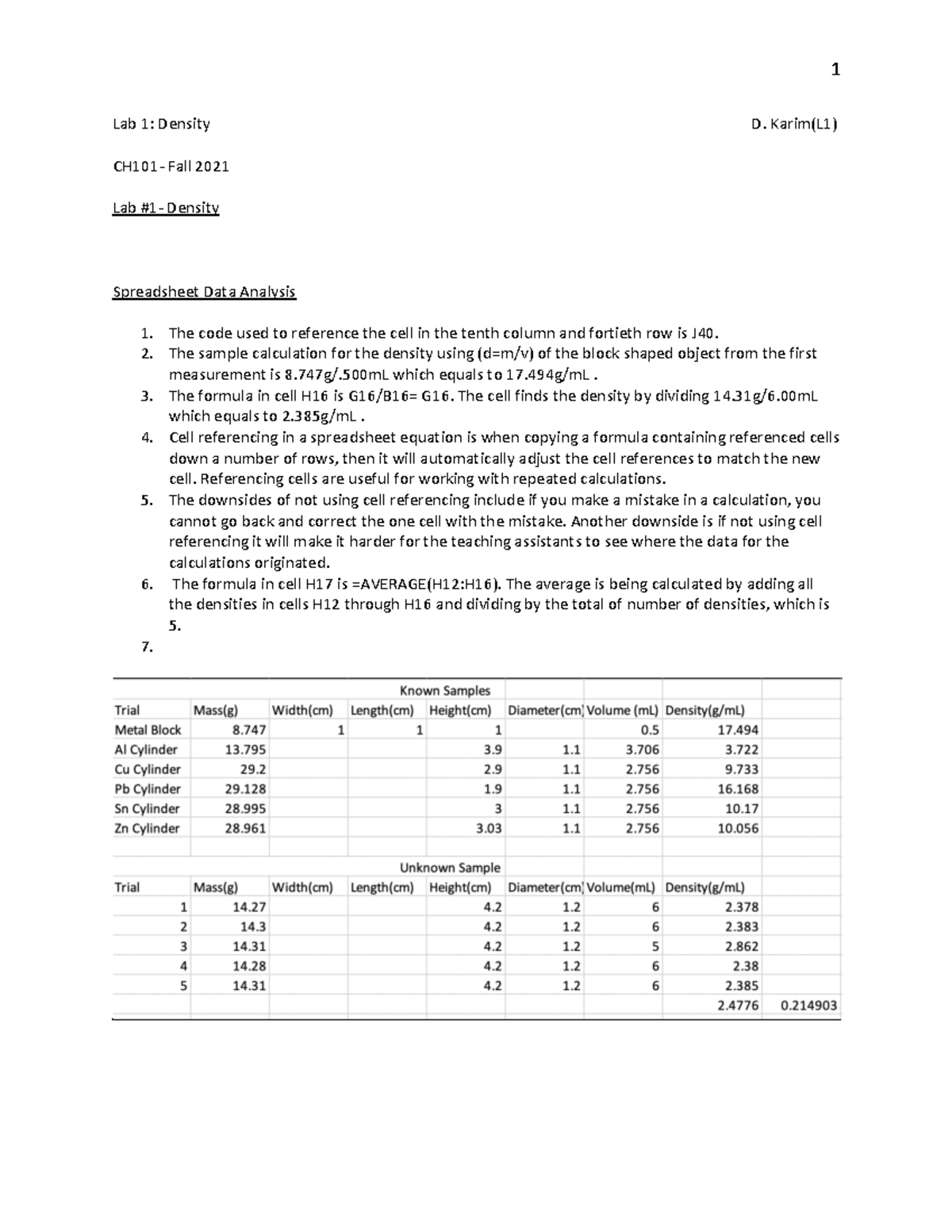 Lab 1 (CH101) - Density Analysis and Results Discussion - Studocu