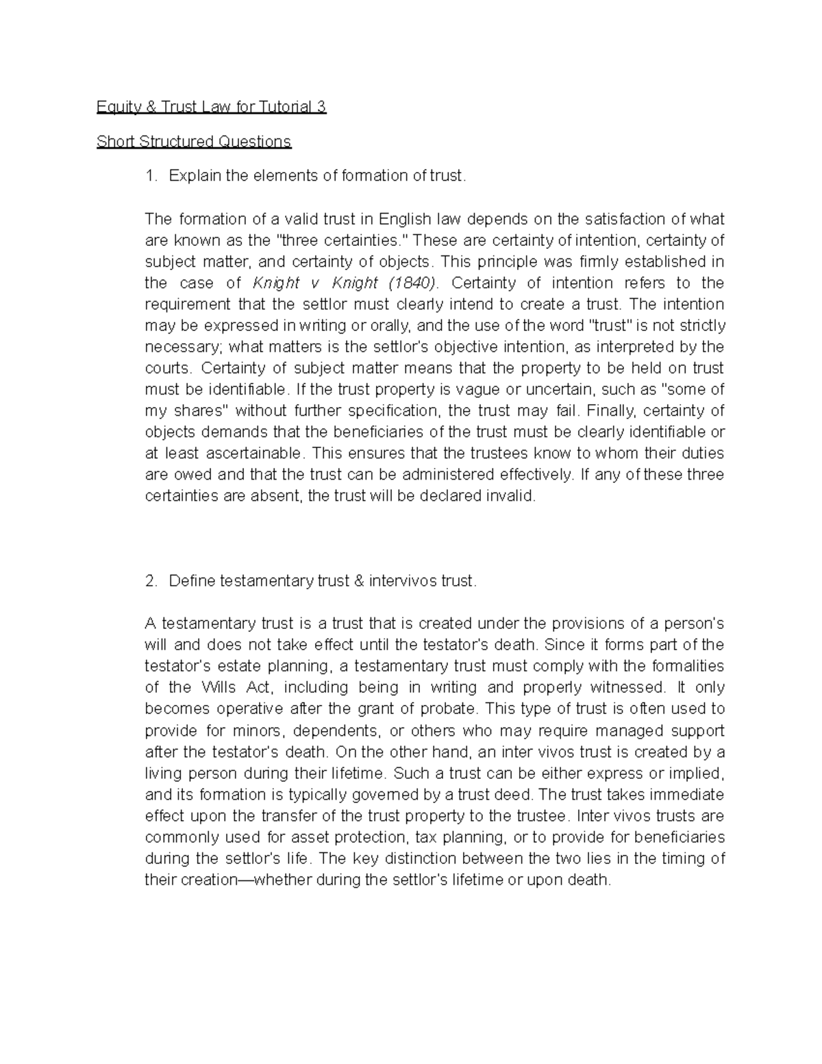 EQT 2 - Trust Law Tutorial 3: Key Concepts and Case Analysis - Studocu