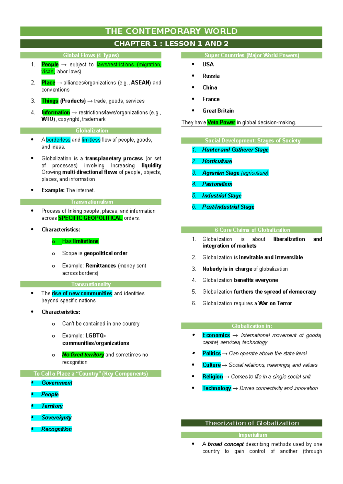 Contemporary World (Course Code: CW101) Midterm Review Notes - Studocu