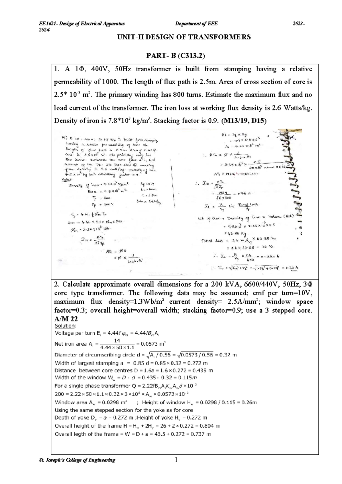 Design of Electrical Apparatus (C313.2) - Transformer Analysis ...