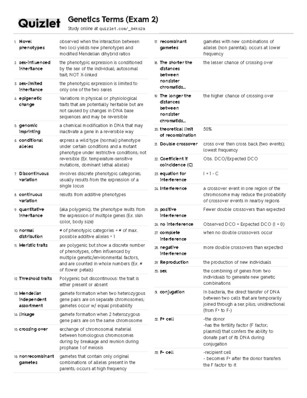 Genetics Exam 2 Quizlet Study Notes: Key Concepts and Terms - Studocu