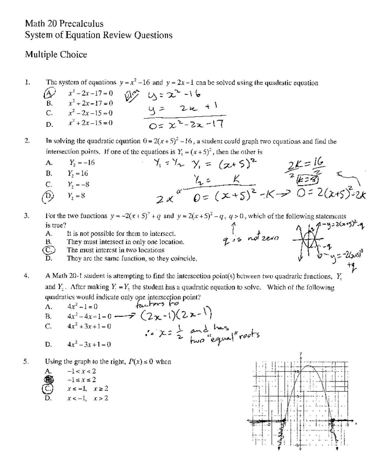 Math 20 Precalculus: System of Equations Review MC Questions - Studocu