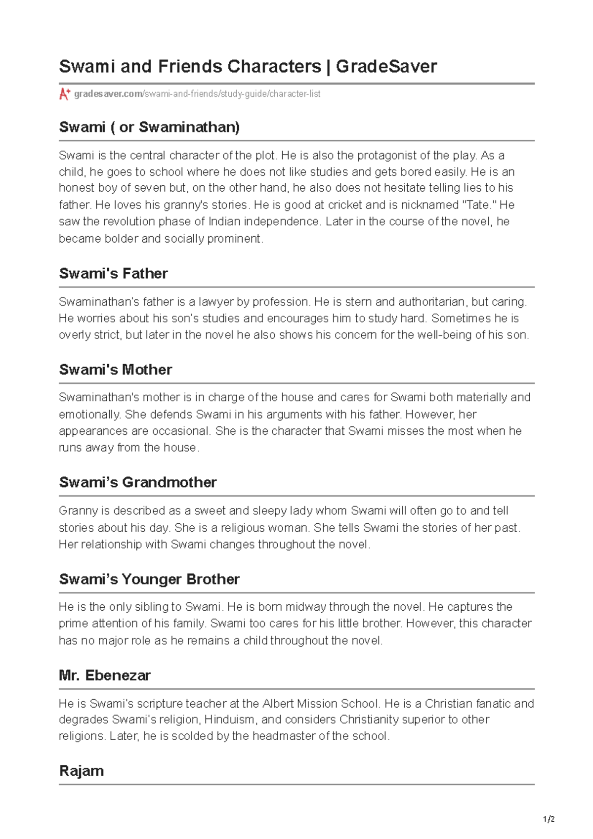 Swami and Friends Character Analysis: Insights and Reflections - Studocu
