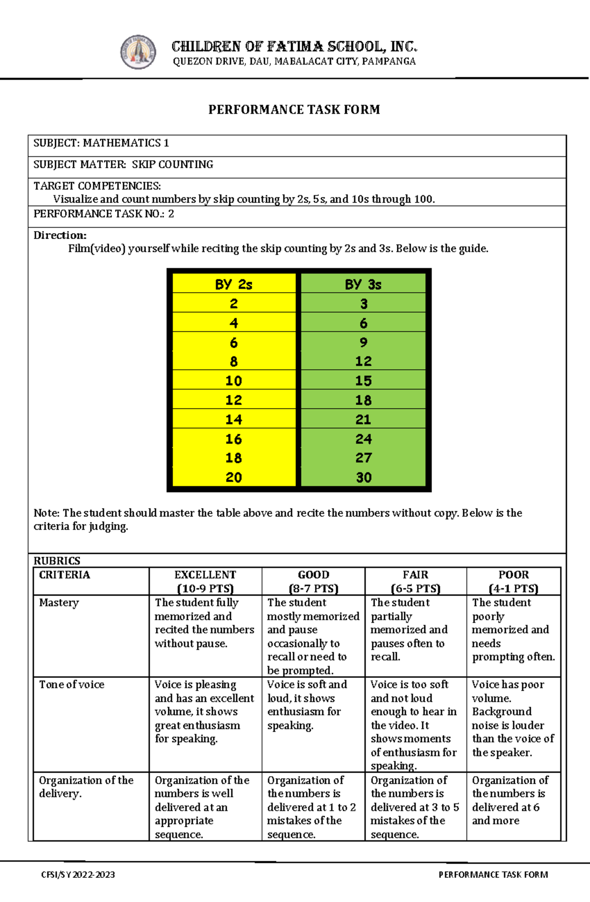 Performance Task 2: Skip Counting in MATH 1 (SY 2022-2023) - Studocu