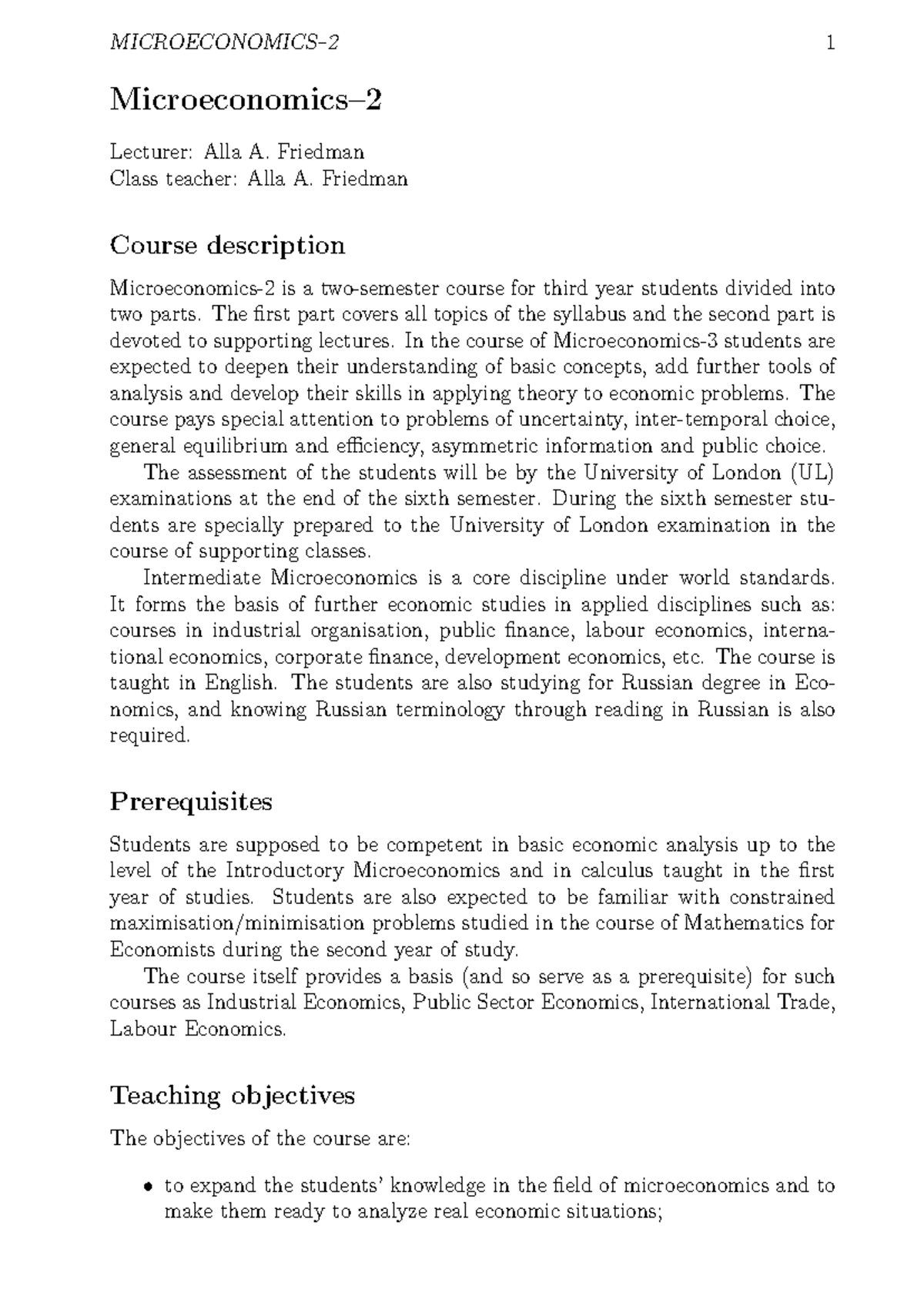 BSc3 Microeconomics-2 Lecture Notes and Course Overview - Studocu