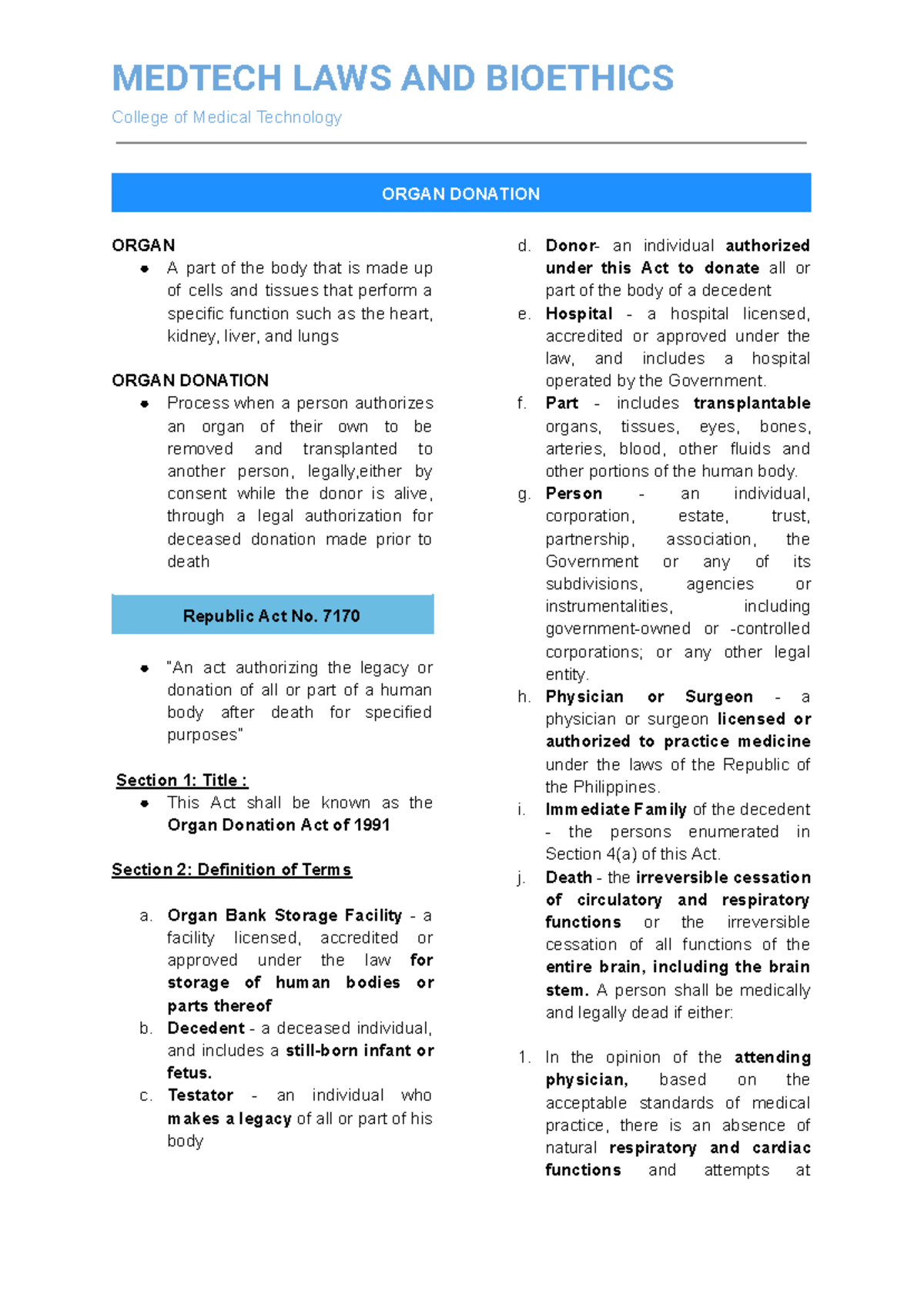 MEDTECH 101: Organ Donation Laws and Bioethics Overview - Studocu