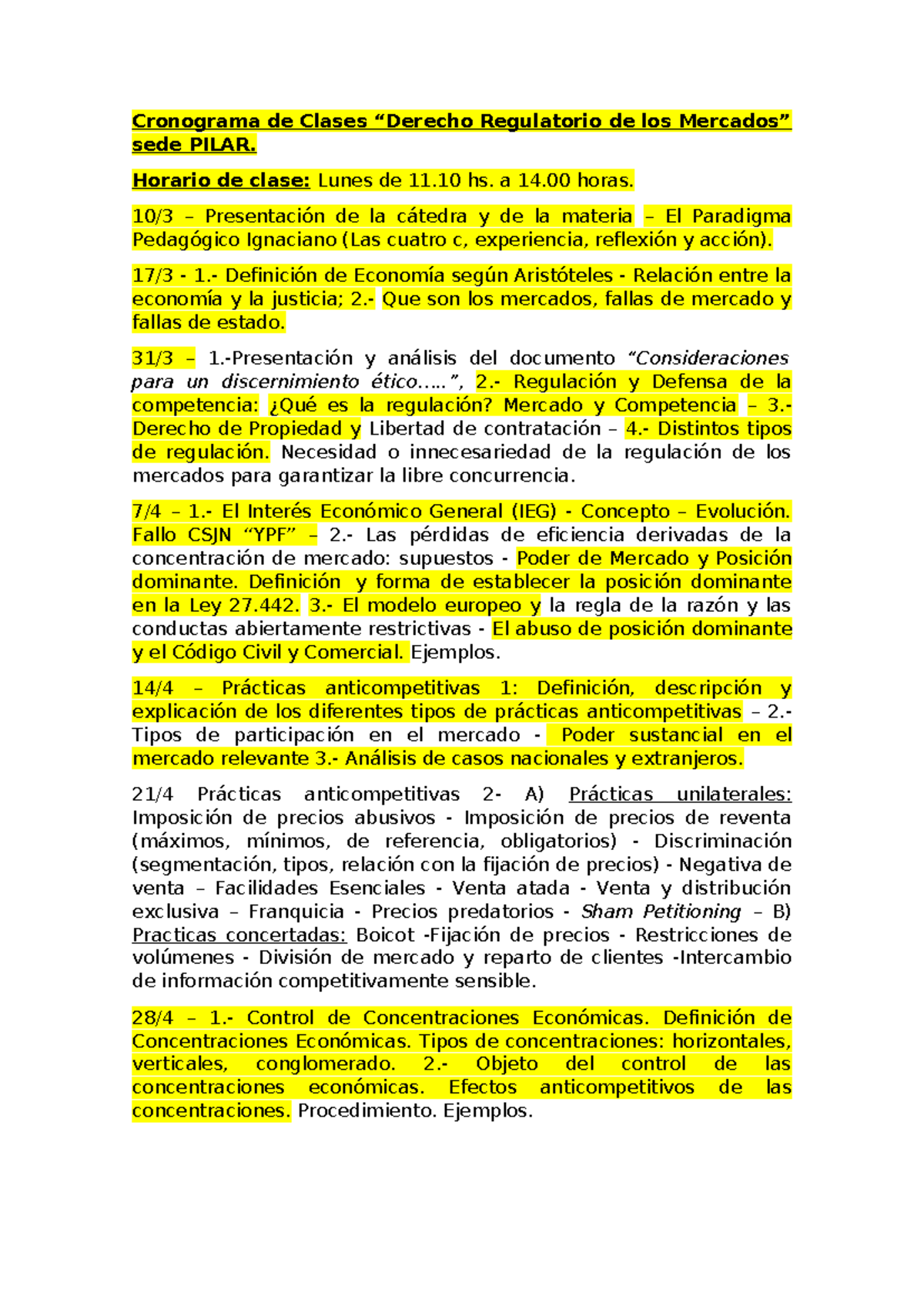 Cronograma de Clases Regulatorio PILAR 2025: Economía y Competencia ...