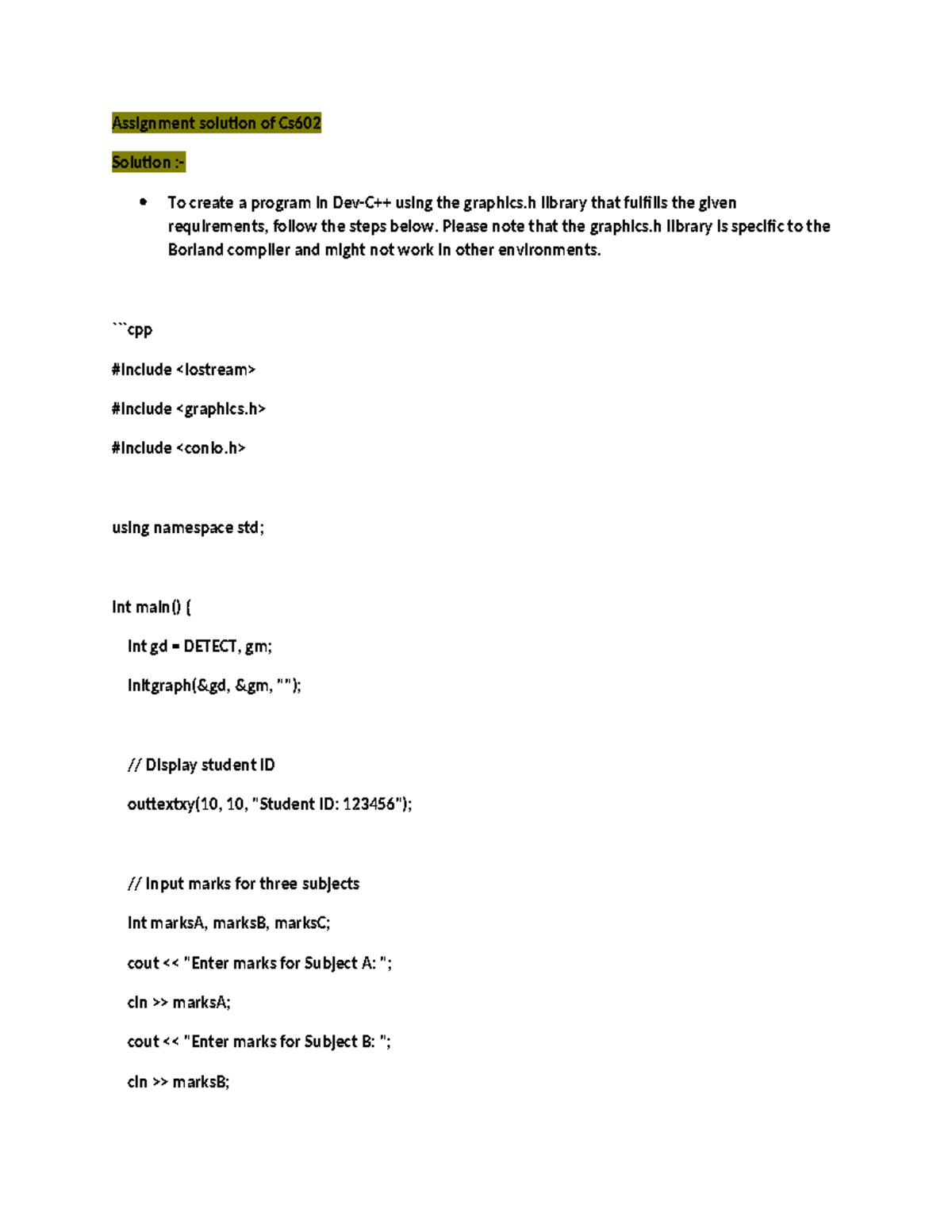 CS602 Assignment Solutions: Graphics Programming in Dev-C++ 2024 - Studocu