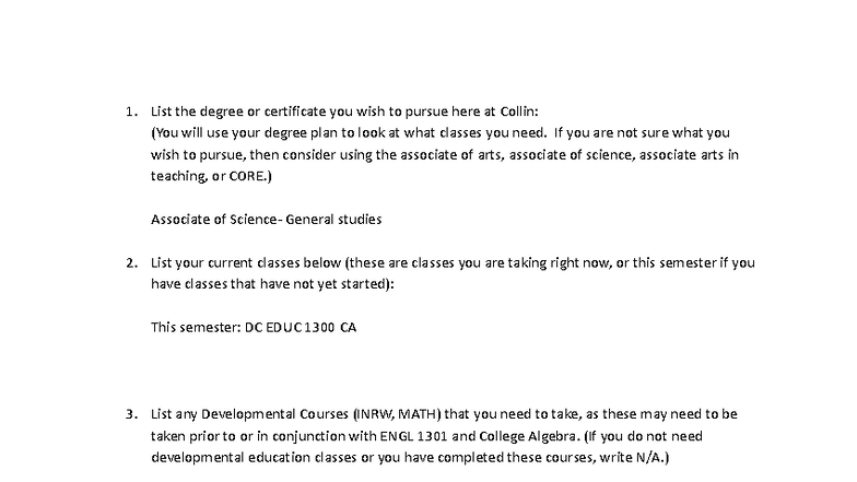 Academic Planning Assignment: Degree & Class List at Collin - Studocu