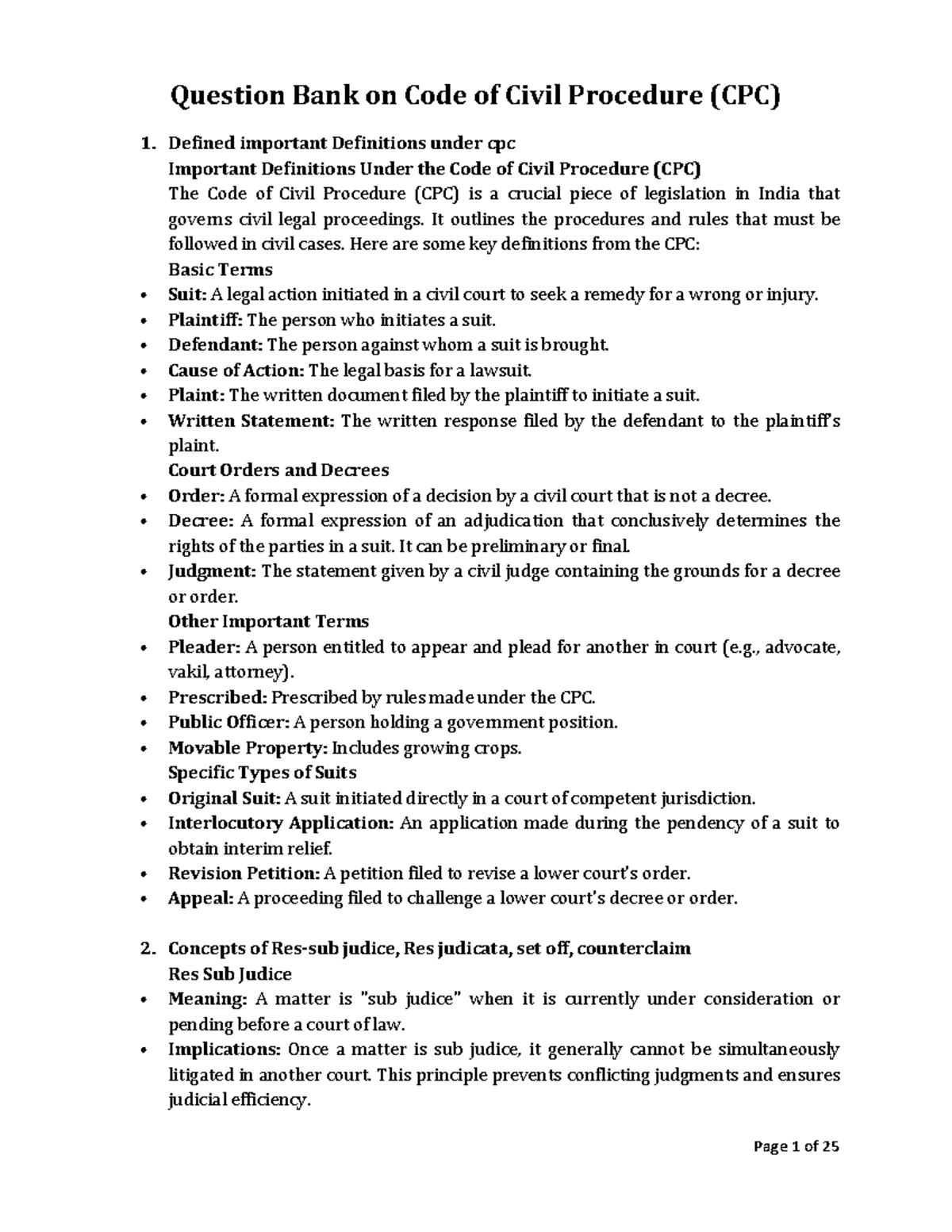 Assig. CPC - Code of Civil Procedure - Question Bank on Code of Civil ...