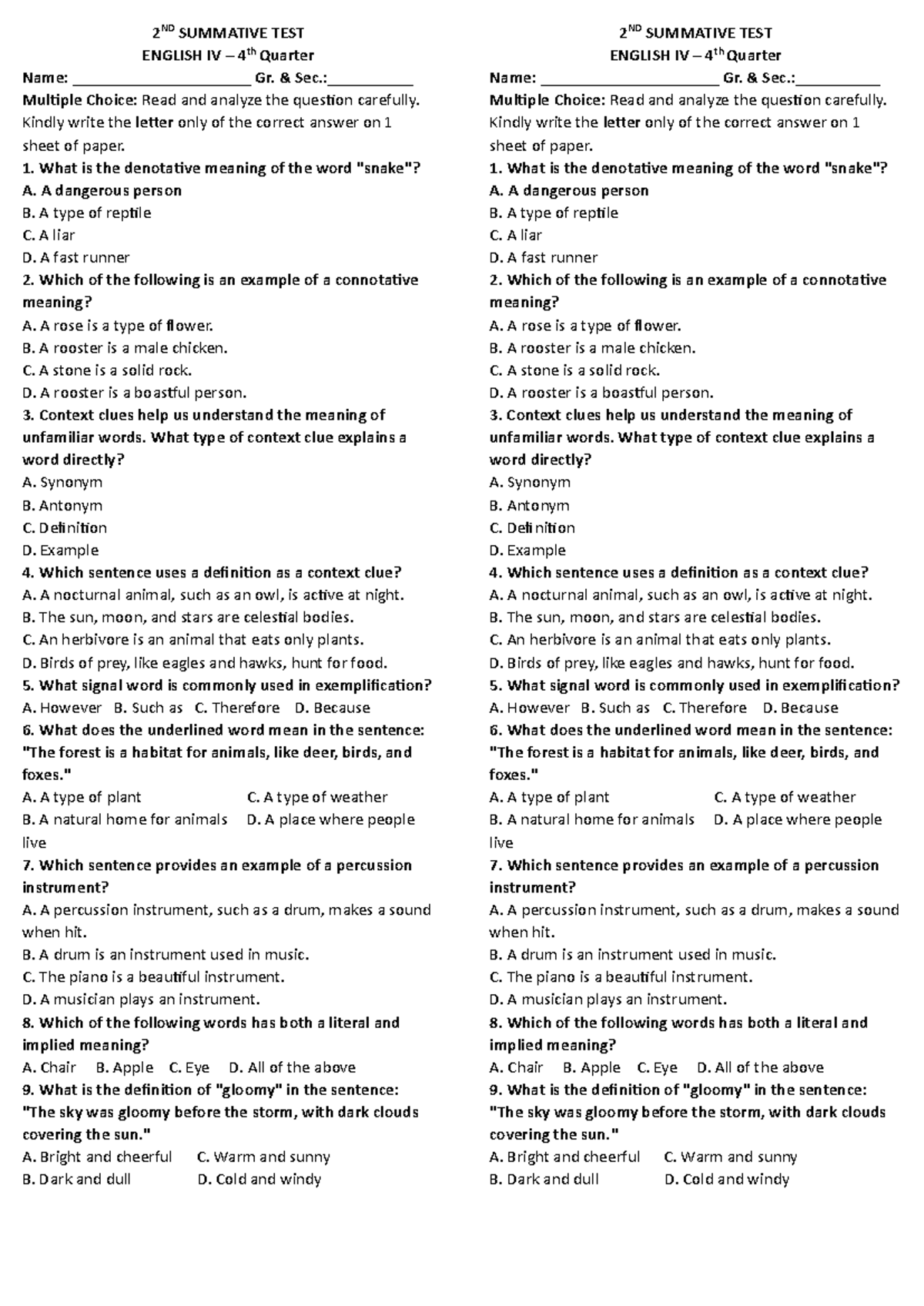 2ND SUMMATIVE TEST ENGLISH IV 4th Quarter - Multiple Choice Questions ...