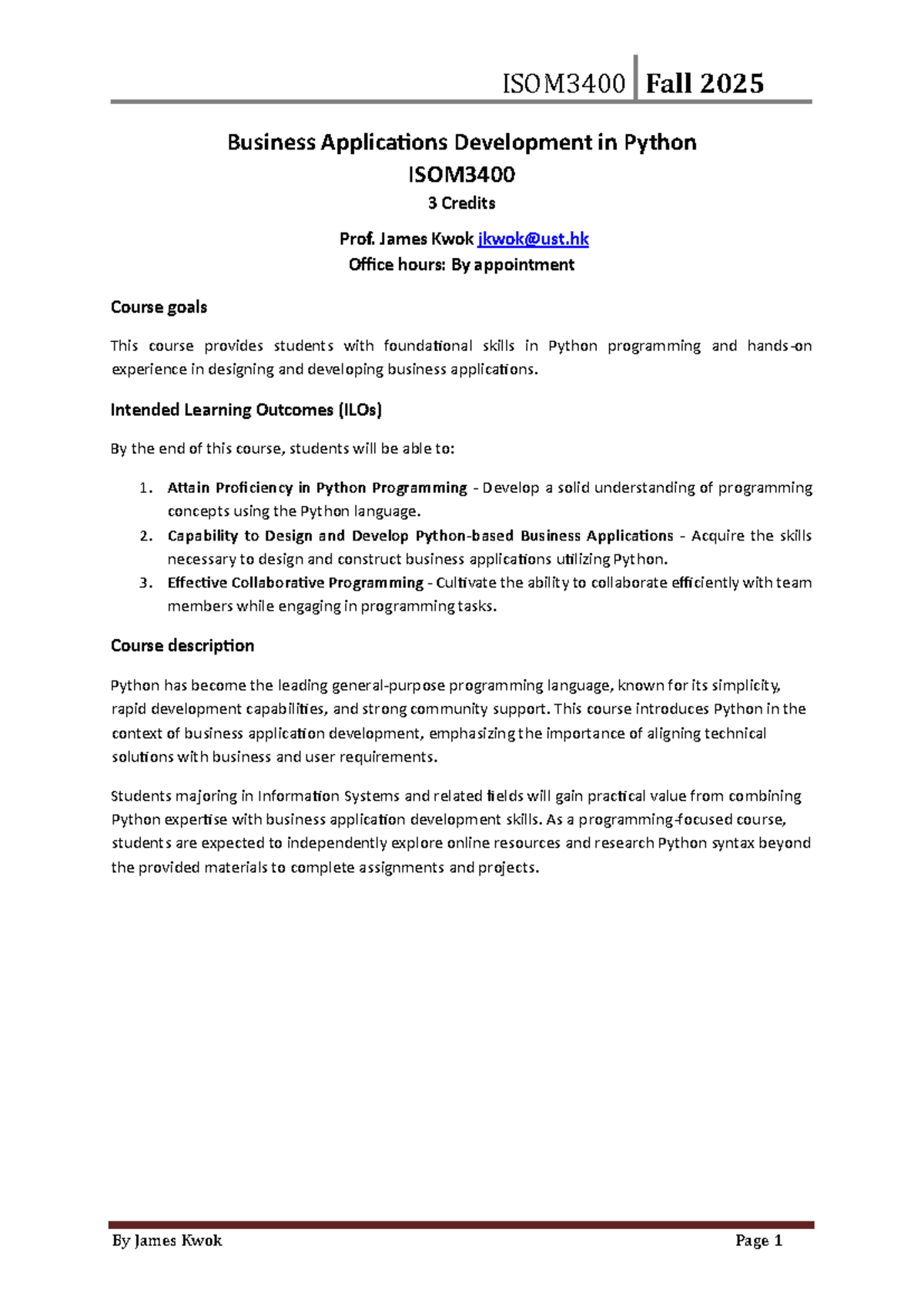 ISOM3400 Fall 2025 Course Outline: Business Apps Dev in Python - Studocu