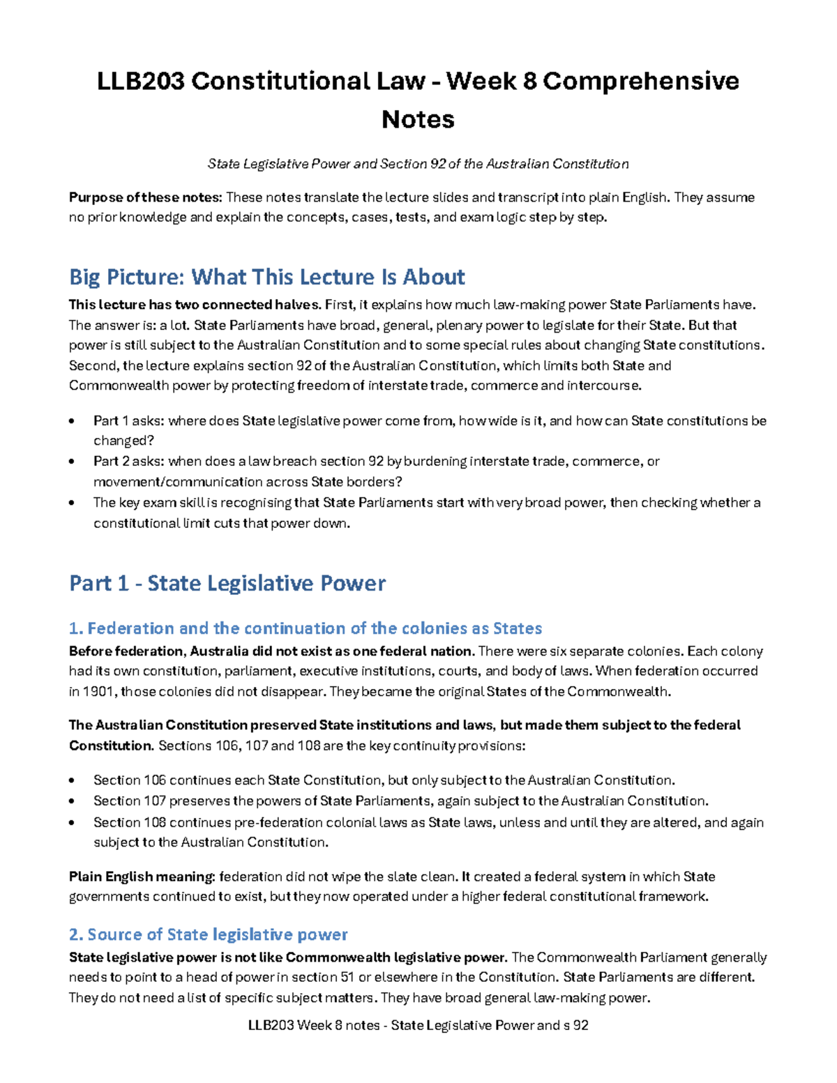 LLB203 Week 8 Lecture Notes: State Legislative Power & Section 92 - Studocu