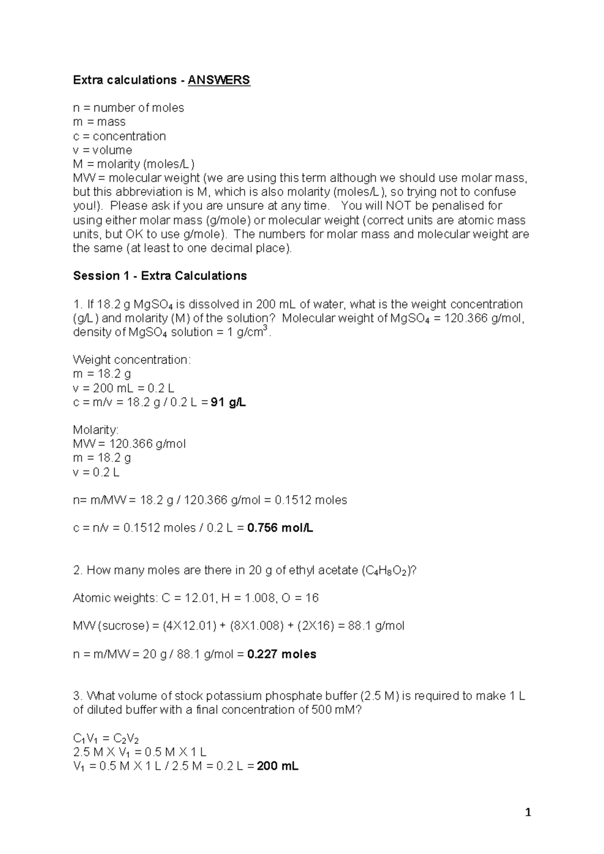 Solutions to Extra Calculations Prac 3: Dilutions & DNA Concentrations ...