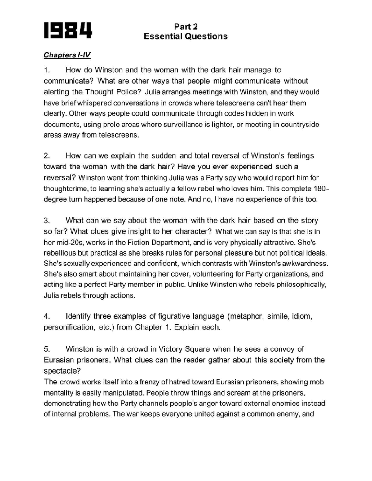 1984 (Part 2) Essential Questions: Chapters 1-8 Analysis - Studocu