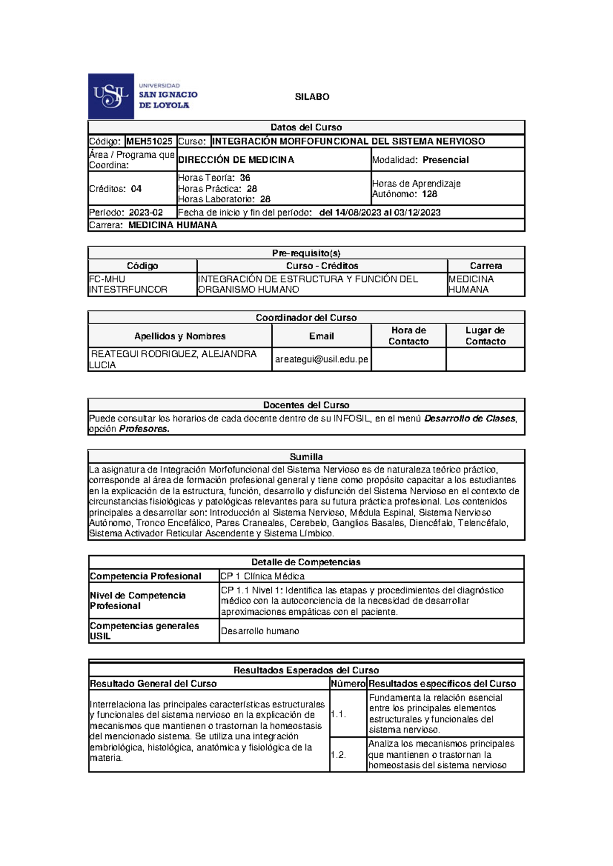 Sílabo del Curso MEH51025: Integración Morfofuncional del Sistema Nervioso - Document Preview
