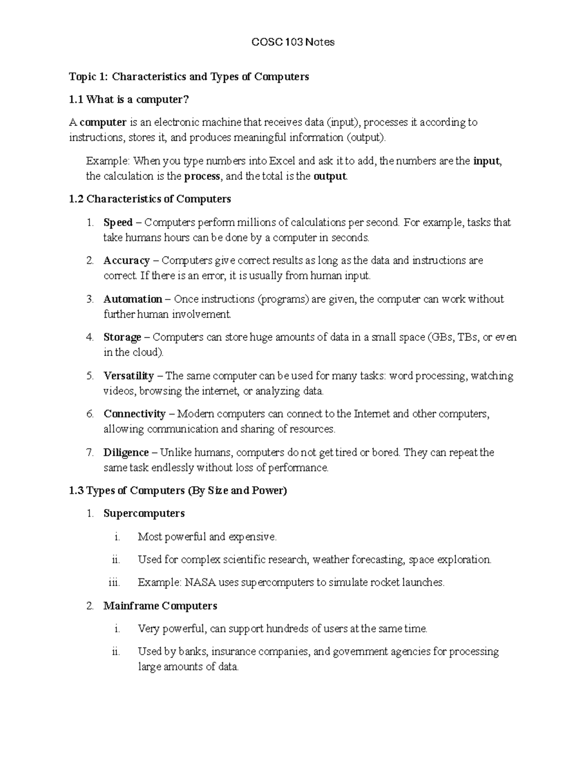 COSC 103 Notes: Characteristics, Types, and Functions of Computers ...