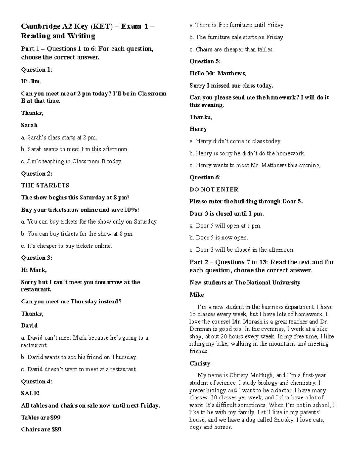 Cambridge A2 Key (KET) – Exam 1 – Reading & Writing Practice - Studocu