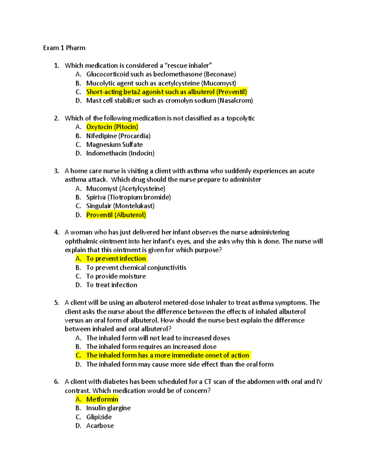Exam 1 - Practice Questions for Pharm 1 - Studocu