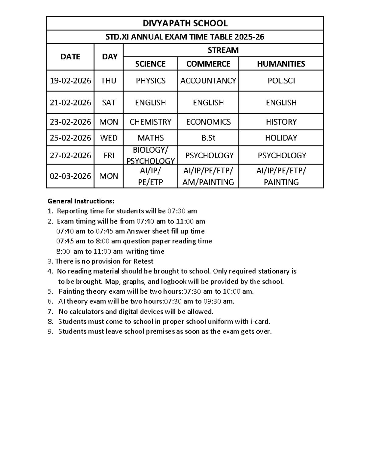 STD.XI Annual Exam Time Table 2025-26 for Science, Commerce, Humanities ...