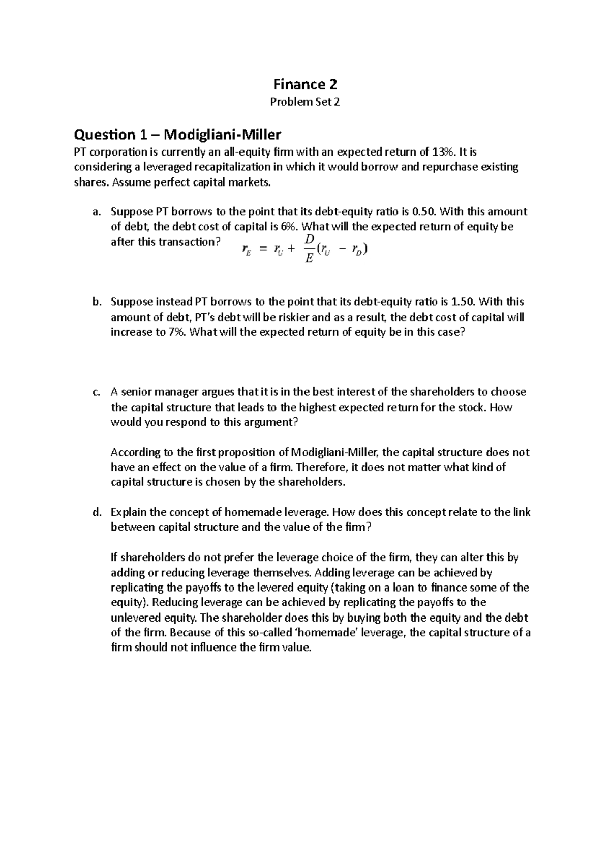 Finance 2 - Problem Set 2 Solutions and Analysis of Capital Structure ...