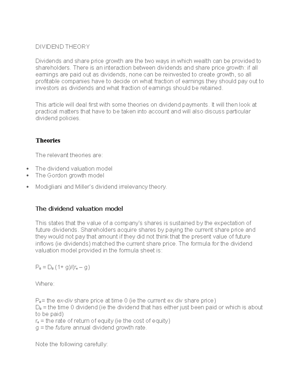 Dividend Theory - notes lesson six - DIVIDEND THEORY Dividends and ...