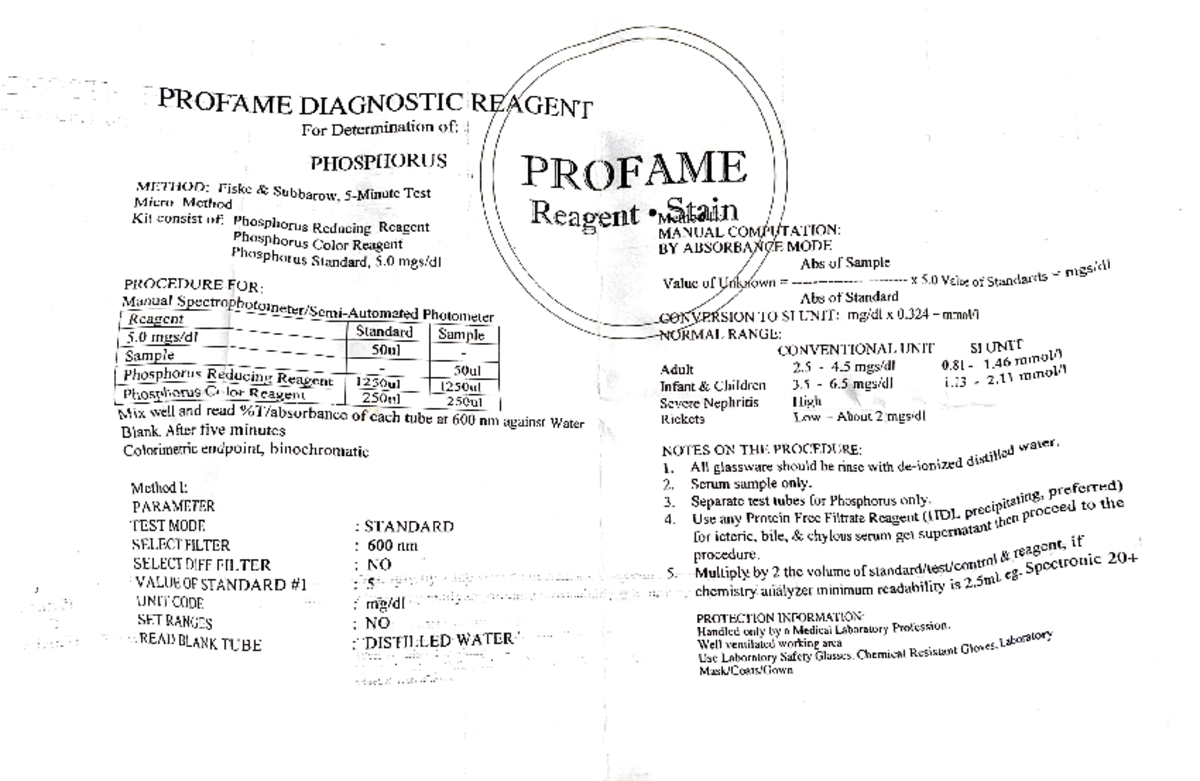 Phosphorus Analysis - Lab Insert for PROFAME Method Protocol - Studocu