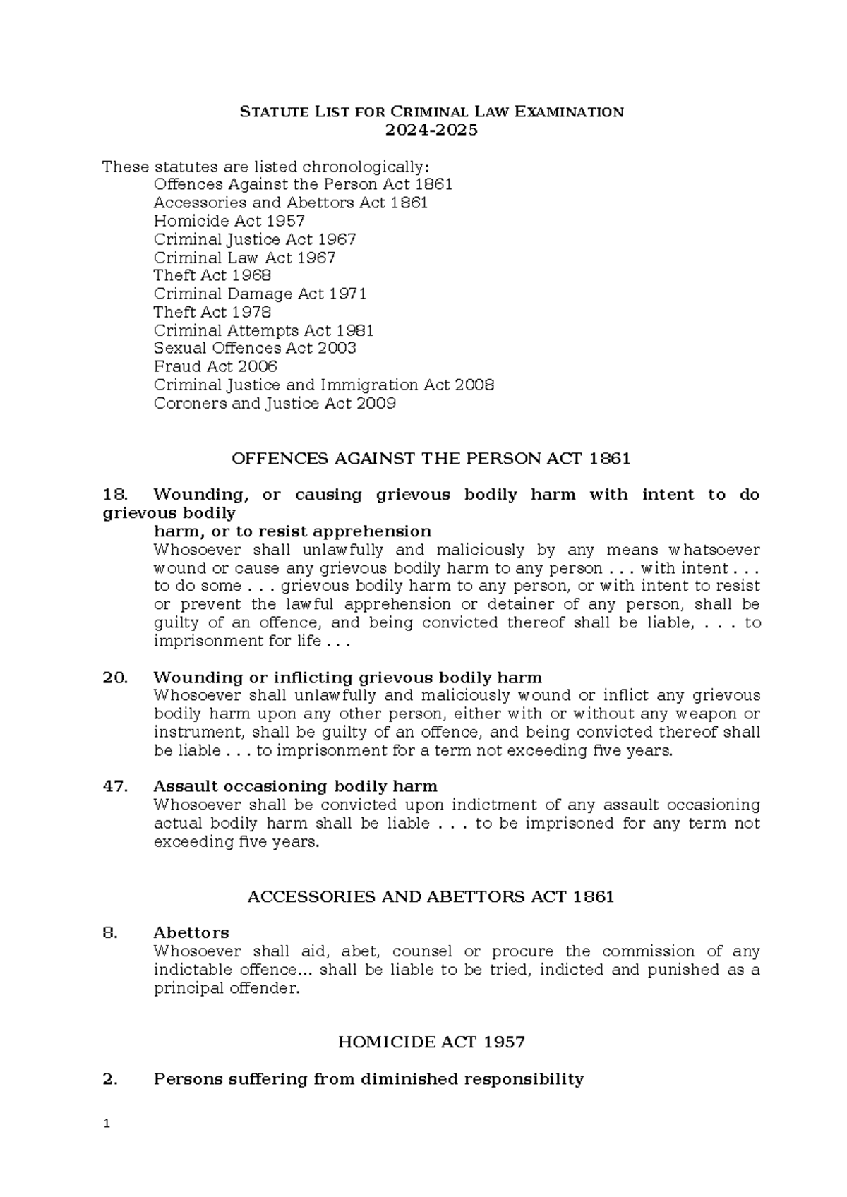 Statute List - STATUTE LIST FOR CRIMINAL LAW EXAMINATION 2024- These ...